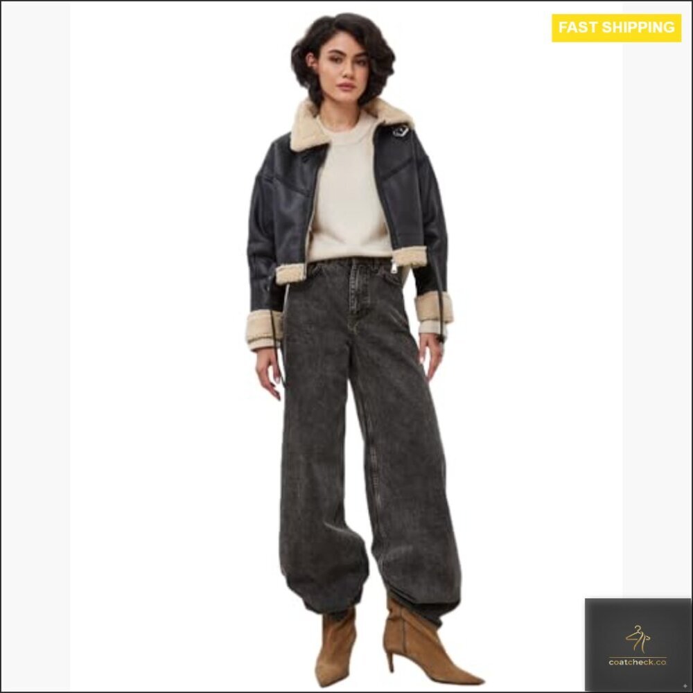 Faux Leather Aviator Bomber Jacket with Sherpa Lining, Winter Coat - Picture 6 of 7